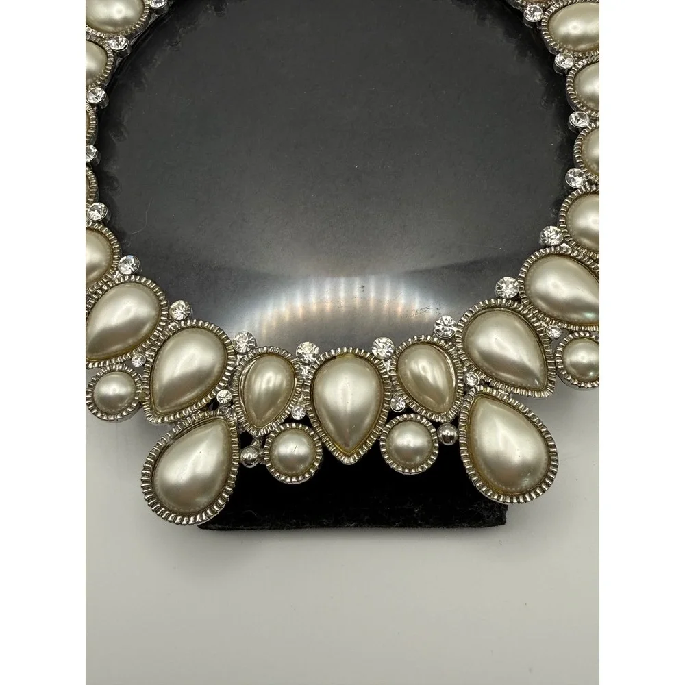 Decorative Jeweled Picture Frame‎ Pearl Rhinestone Ornate Tabletop Silver Tone